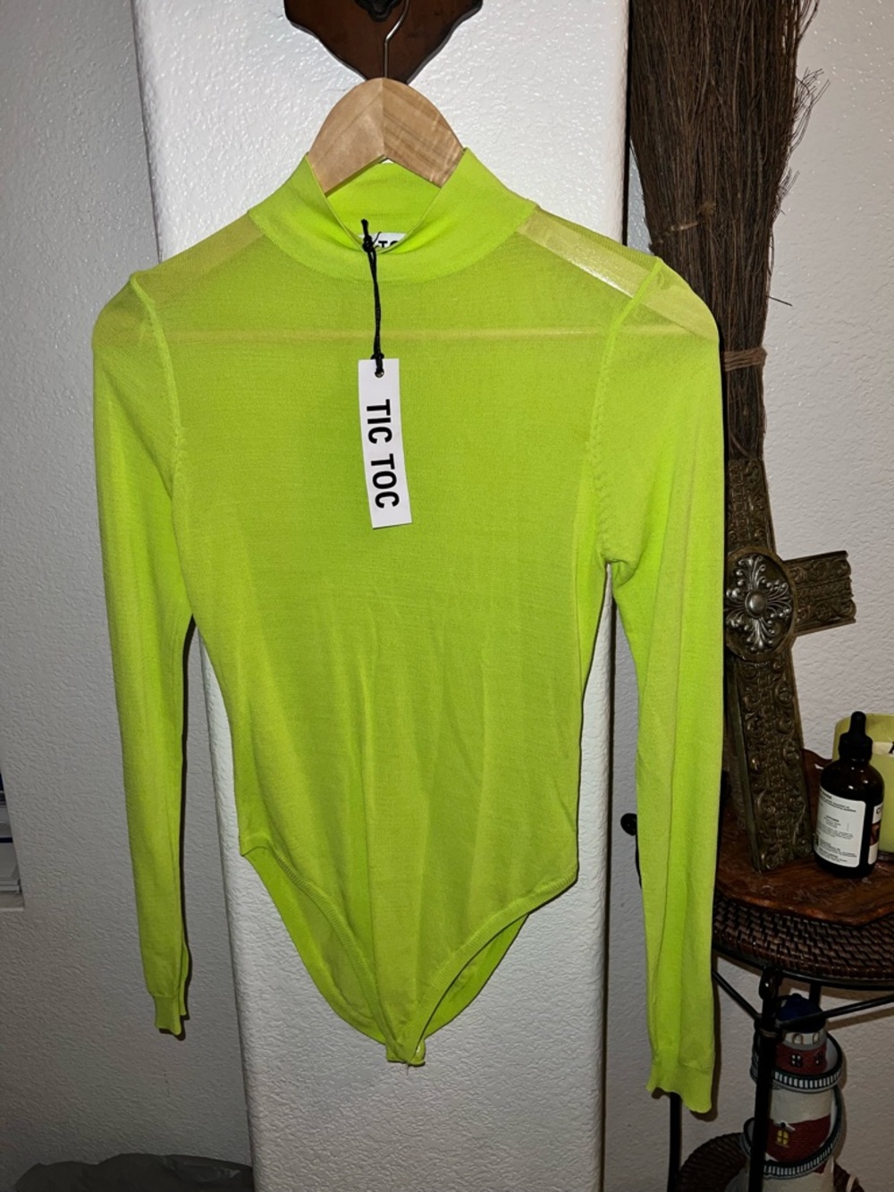 TIC TOC Neon Lime Sheer Mock Neck Bodysuit